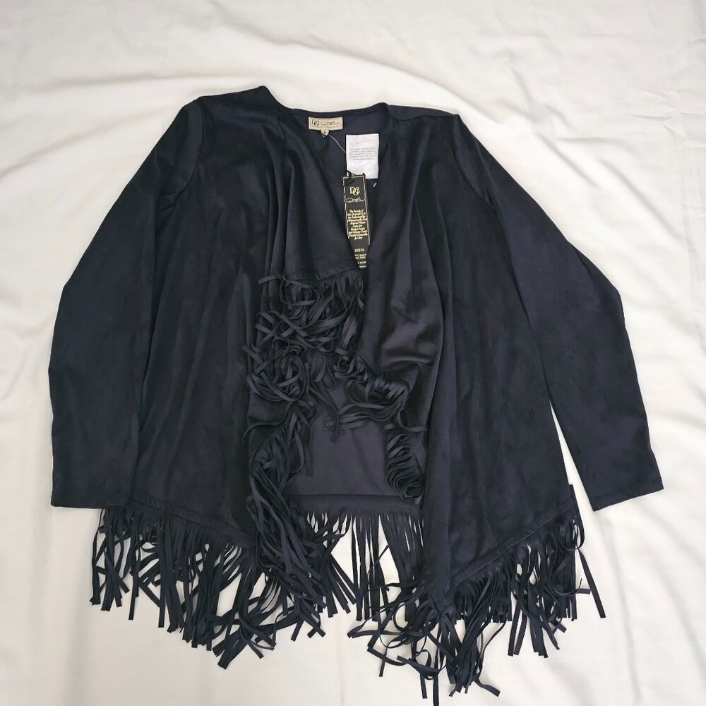 DG2 By Diane Gilman Women's Black Fringed Trim Open Front Cardigan Size XL NWT - Picture 3 of 13